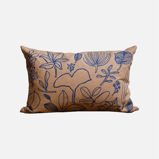 Botanic Leaves Embroidered Cushion Cover fra Fine Little Day (Brown/Blue)