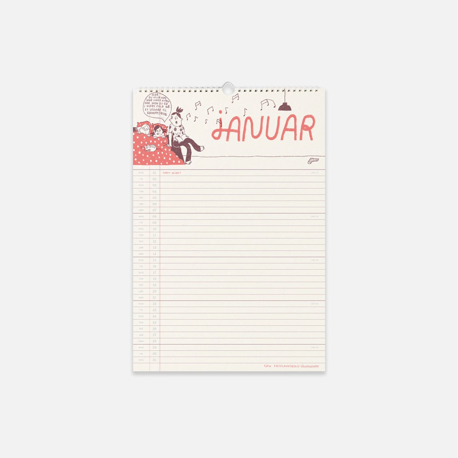 Familiekalender 2024 af Line Jensen Illu fra Kartotek (januar side)