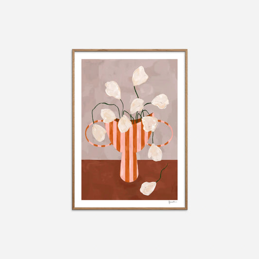 White Flowers in Striped Vase Plakat - Frankie Pencil