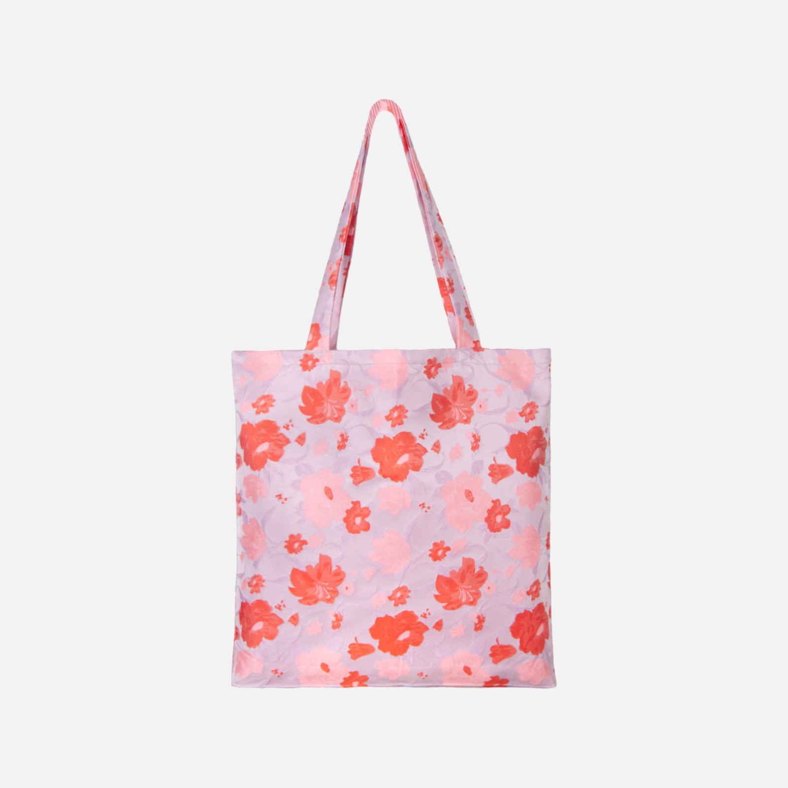 Shopper net fra Dagny i lilla med røde og lyserøde blomster