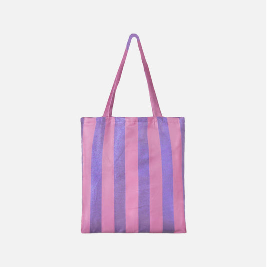 Shopper net fra Dagny i lyserød med brede striber i blå lurex