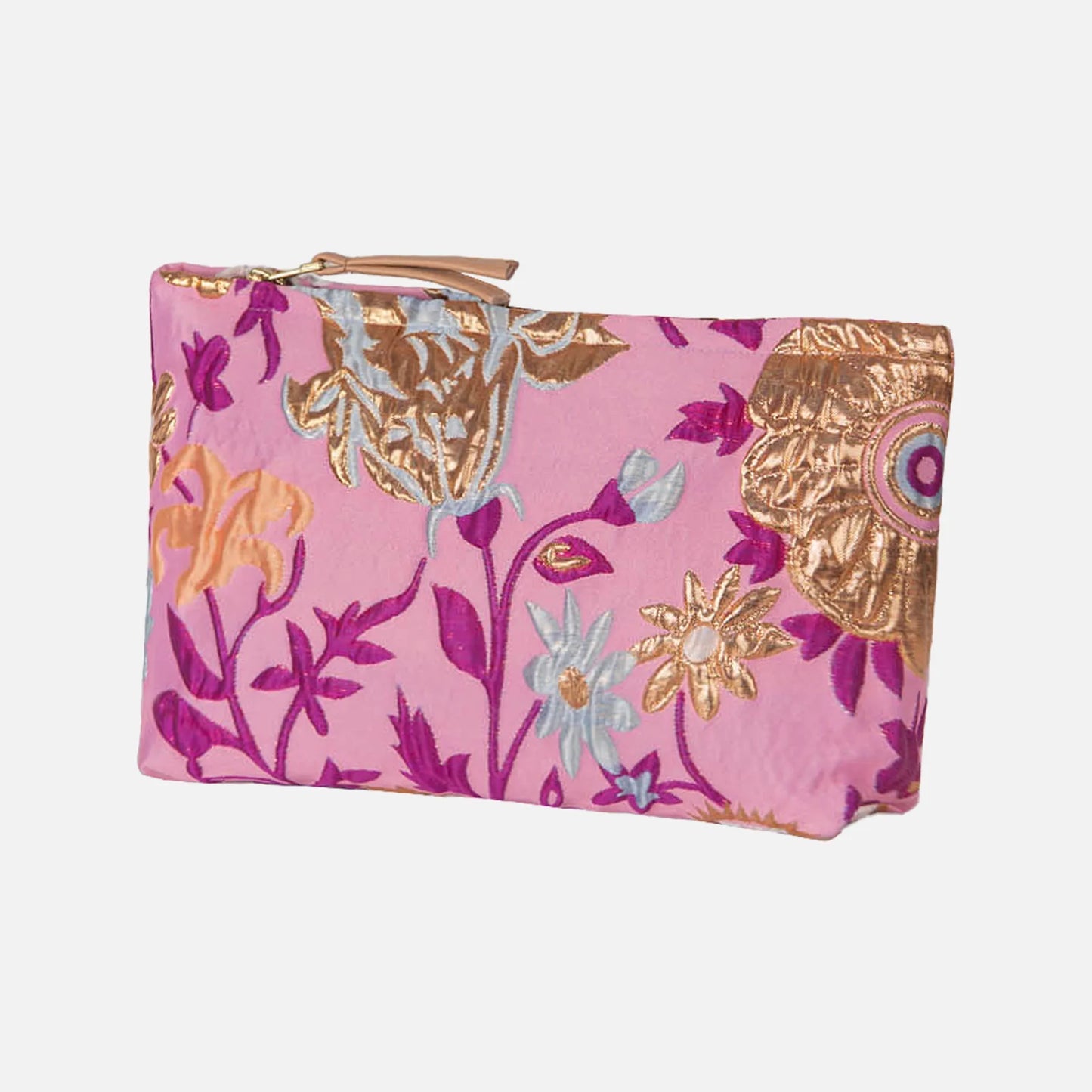 Toilettaske fra Dagny i lyserød med pink, lyseblå og orange blomster og guld detaljer