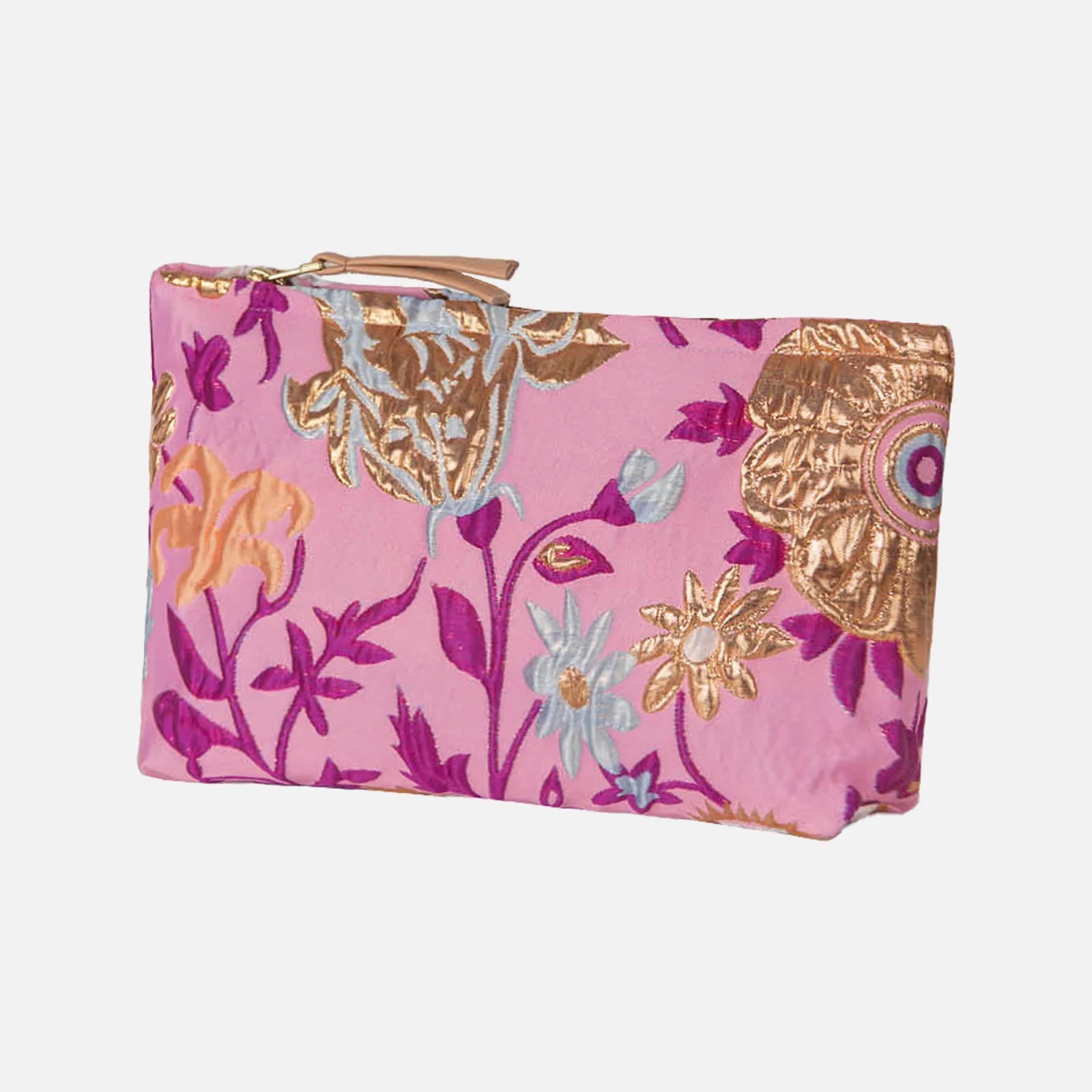 Toilettaske fra Dagny i lyserød med pink, lyseblå og orange blomster og guld detaljer