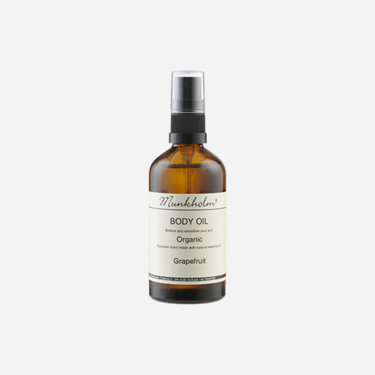 Økologisk body oil i glasflaske fra Munkholm, Grapefruit, 100 ml, 129 kr.